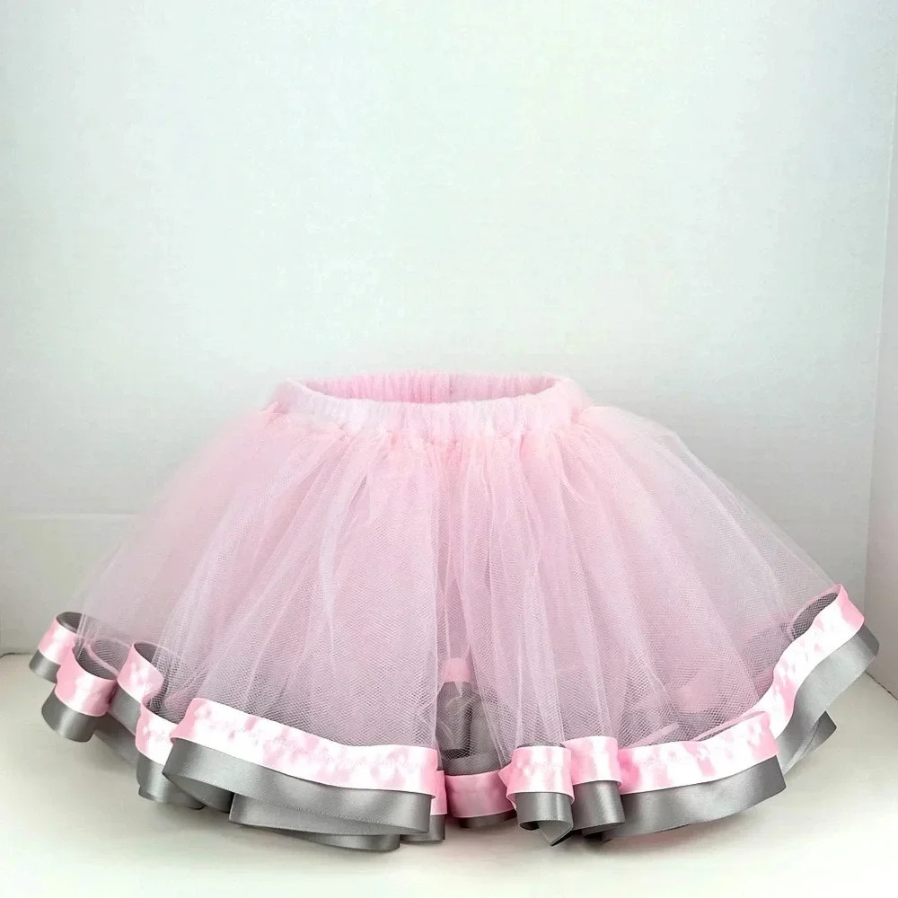 Girls Handmade Tutu Skirt Fluffy Pink with Grey Trimming Best fits 2-4 year olds